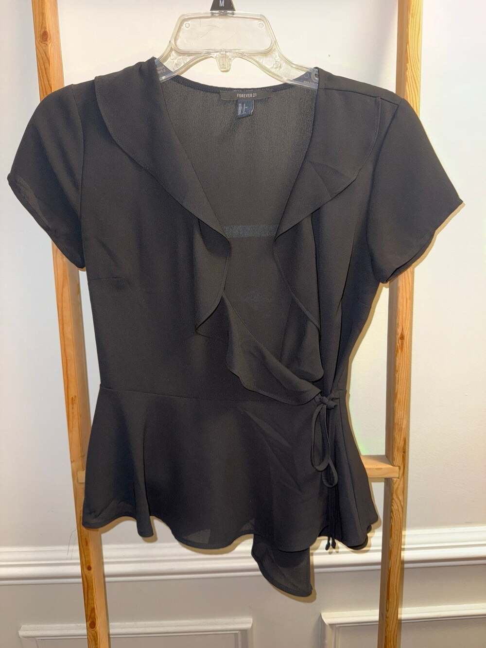 Forever 21 Black Ruffle Wrap Short Sleeve Peplum Top